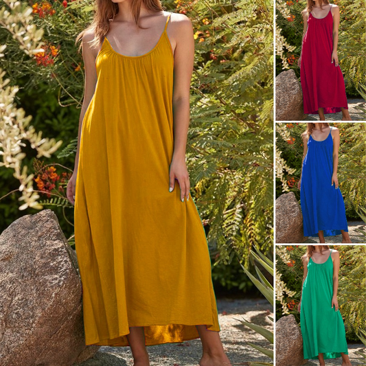 Langes, lockeres Spaghettiträgerkleid für Damen – schlicht und einfarbig