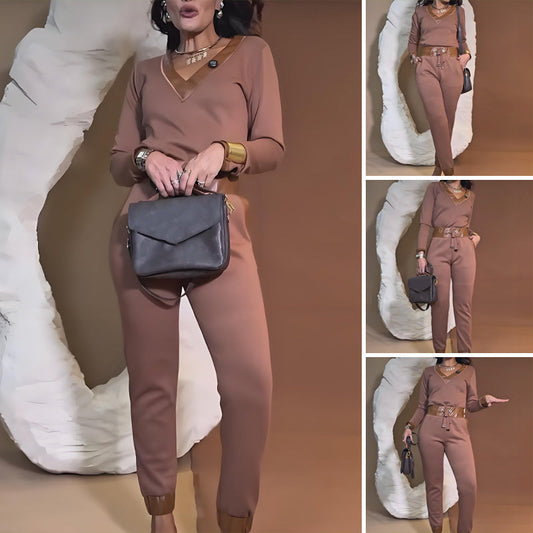 Bequemes, stylisches Set – Oberteil mit V-Ausschnitt und Hose mit Kordelzug