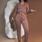 Bequemes, stylisches Set – Oberteil mit V-Ausschnitt und Hose mit Kordelzug