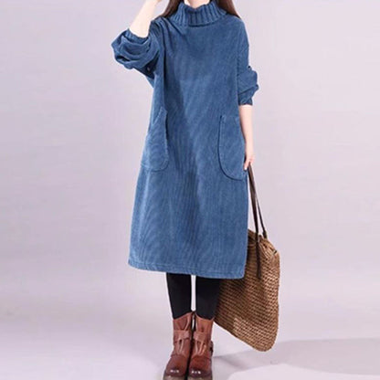 ⏰Hochgeschlossenes, lockeres Maxikleid aus Cord für Damen